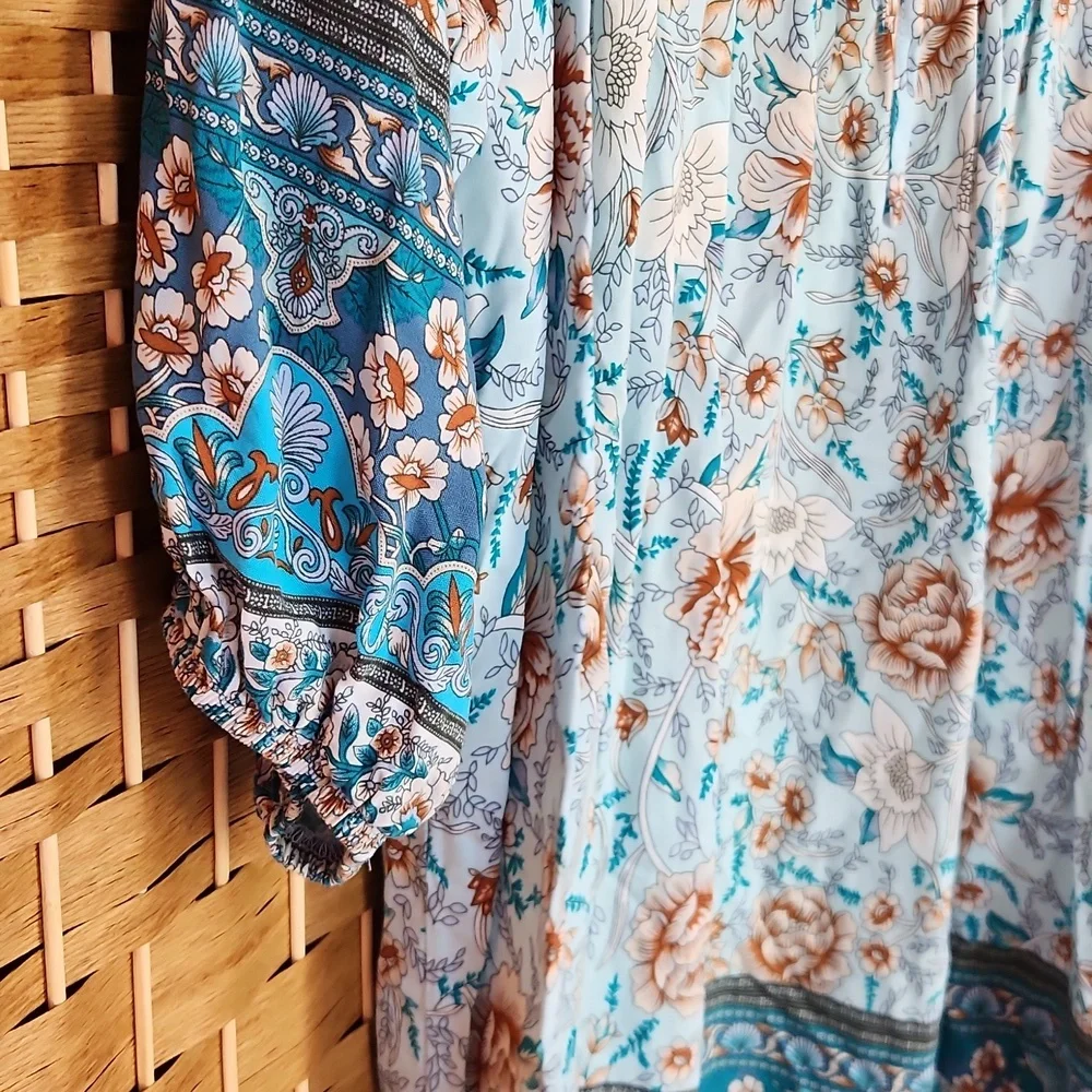 Temofon, Bohemian Teal, Blue, Brown, Floral Fall, Spring Longsleeve Dress Sz XL - Picture 4 of 10
